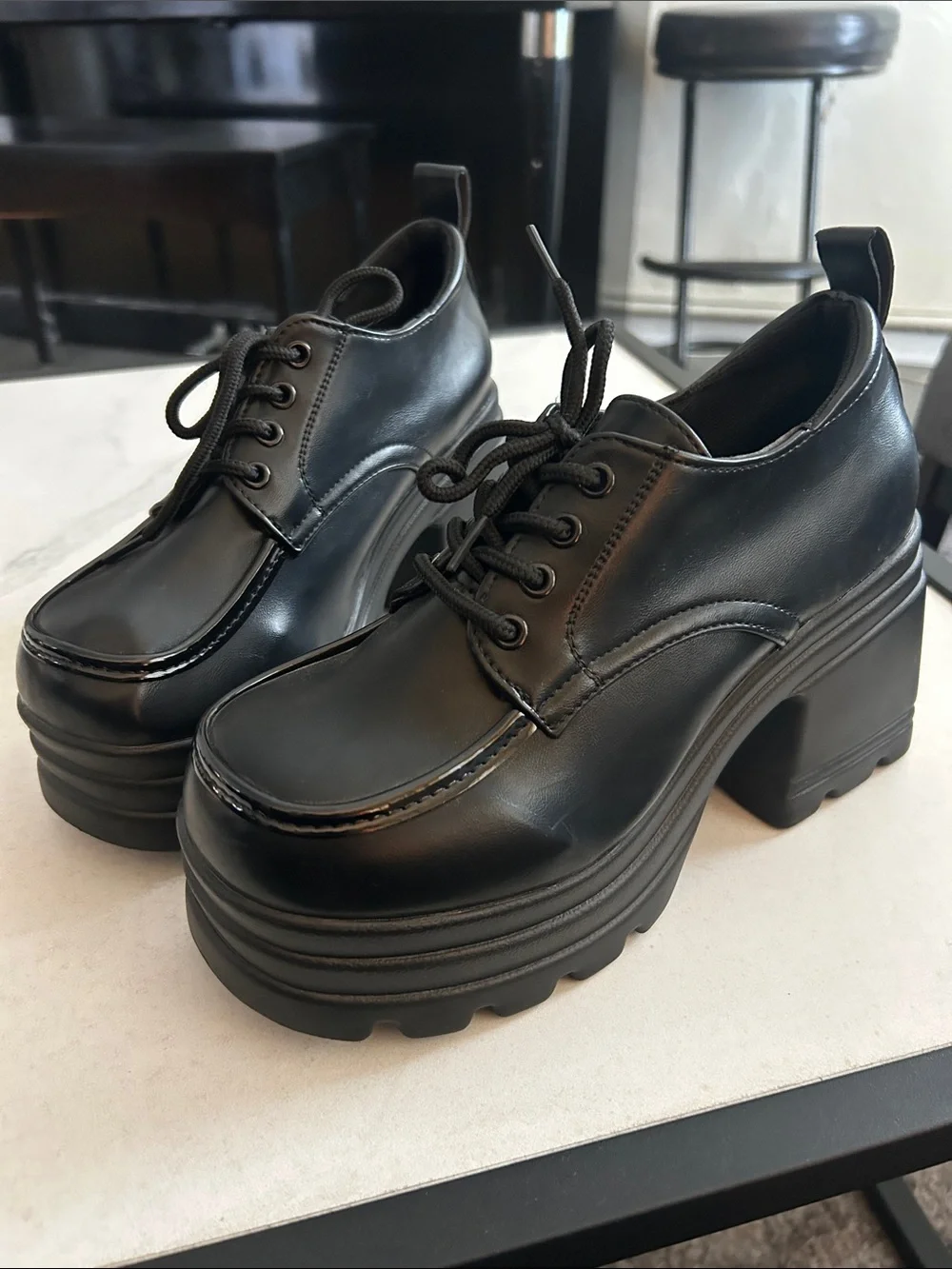 Chunky Black Platform Lace-Up Heels for Women Size 7.5